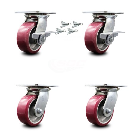 Service Caster 5 Inch Poly on Aluminum Caster Set with Roller Bearing 4 Swivel Lock and 2 Brake SCC-35S520-PAR-SLB-BSL-2-BSL-2